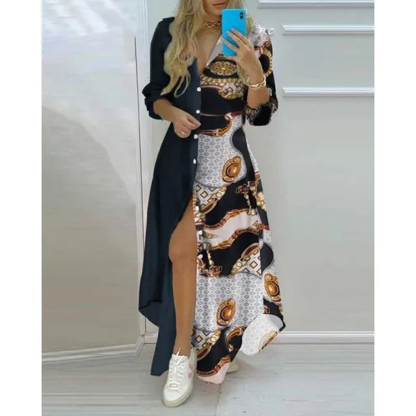 Autumn Maxi Dresses For Women Button Down Blouses Shirt Printed Lapel Neck Party Dress Womens Casual Long Sleeve Oversized