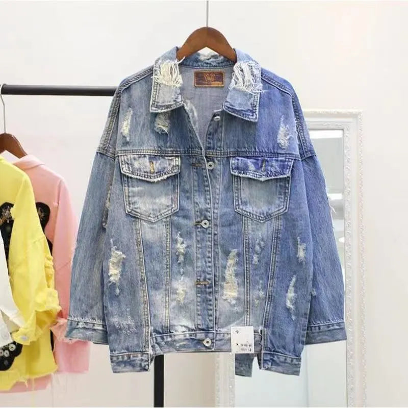 Women's Jackets Rugod New Vintage Letter Print Frayed Jean Jacket Women Autumn Winter Ripped Hole Denim Coat Female Bomber Casaco Denim Jacket