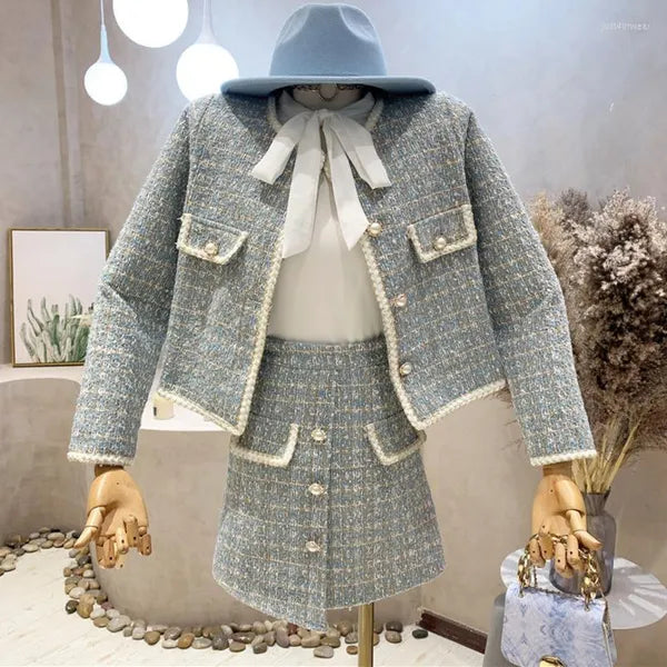 Small Fragrance Tweed Two Piece Set Women Crop Top Short Jacket Coat & Irregular Skirt Suits Autumn Winter Vintage 2 Piece Sets