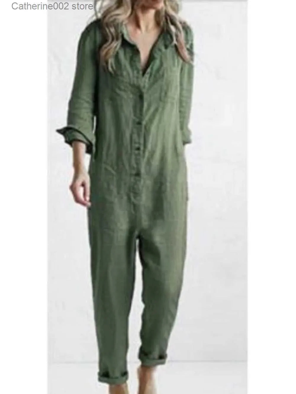 Women's Jumpsuits Rompers Cotton Jumpsuit Sexy Vintage Romper Long Pants Women Slim Bodycon Jumpsuits Long Sleeve Army Green Solid Casual Cargo Pants T231023