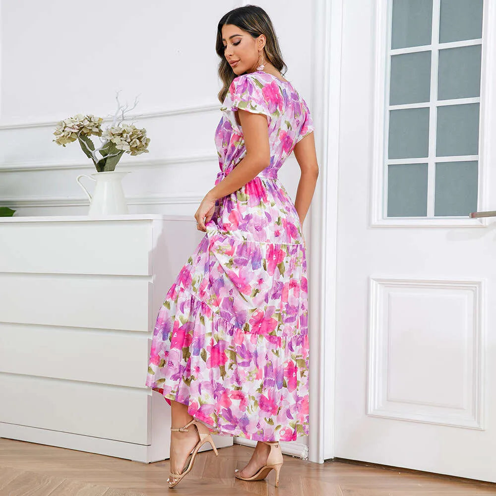 2024 Summer Women's New V-neck Ruffle Sleeve Bohemian Print Long Dress Oversized