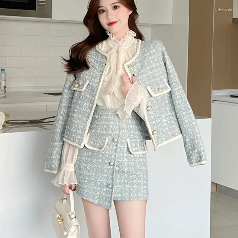 Small Fragrance Tweed Two Piece Set Women Crop Top Short Jacket Coat & Irregular Skirt Suits Autumn Winter Vintage 2 Piece Sets