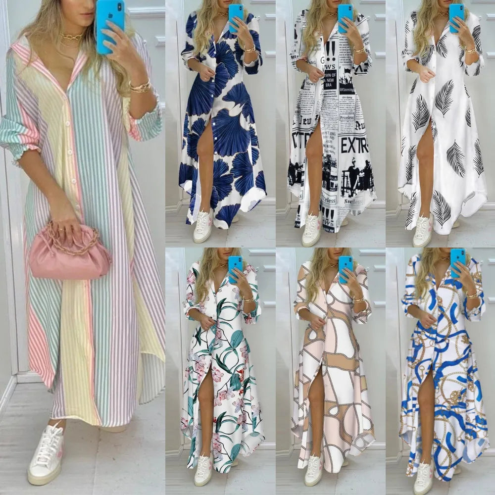 Autumn Maxi Dresses For Women Button Down Blouses Shirt Printed Lapel Neck Party Dress Womens Casual Long Sleeve Oversized