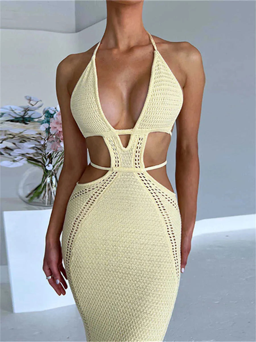 wsevypo Women Halter Tieup Knit Crochet Beach Dress Sexy Backless Sleeveless Deep V Cutout Waist Wrapped Bodycon Dress Clubwear L230621