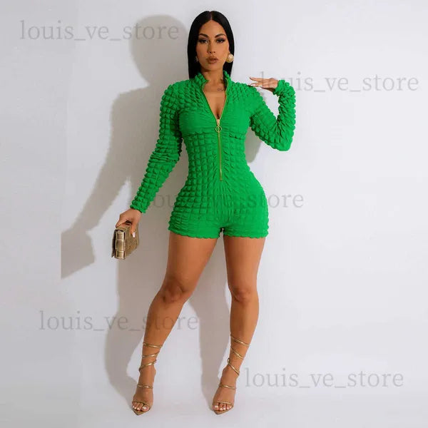 Women's Jumpsuits Rompers CM.YAYA Women Seersucker High Stretch Long Sleeve Zipper Fly Skinny Moto Biker Style Romper and Playsuit INS 2023 One Piece Suit T231202