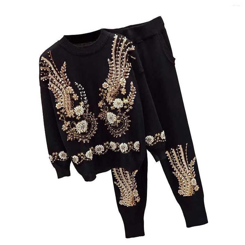 Women's Tracksuits Autumn Womens Beads Embroidery Knitwear Sweater Knitting Pants Two Piece Set Female