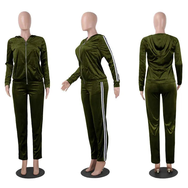 Women's Tracksuits New Arrival Womens Strip Spliced Velvet Tracksuit Winter Two Piece Set Top and Pants Full Sleeve Casual Velour Swea269o