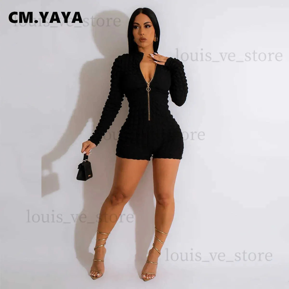 Women's Jumpsuits Rompers CM.YAYA Women Seersucker High Stretch Long Sleeve Zipper Fly Skinny Moto Biker Style Romper and Playsuit INS 2023 One Piece Suit T231202