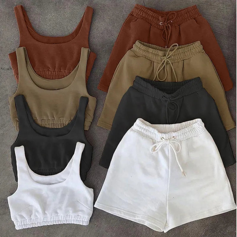 Women's Two Piece Pants Casual Solid Sportswear Two Piece Sets Women Crop Top And Drawstring Shorts Matching Set Summer Athleisure Outfits 230316