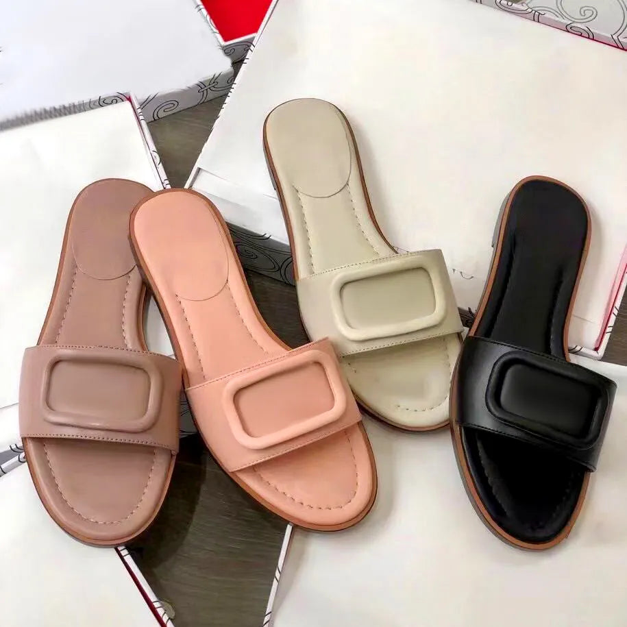 2024 Summer sandal flip flops mule Slide flat designer shoe for Woman man Beach sandale outdoor sport shoe Casual Slipper Signature Sliders luxury Cowhide Flat Shoes