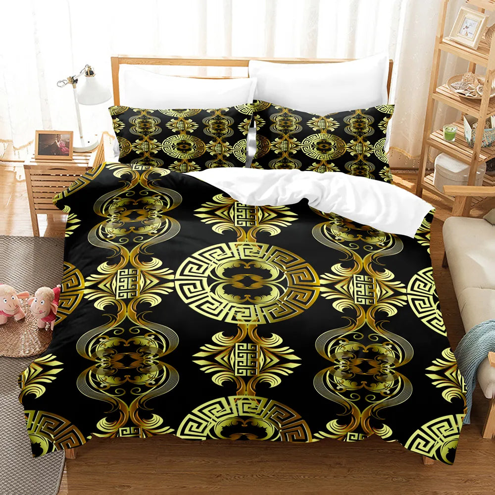 Bedding sets 3D Luxury Black Gold Bedding Sets Greek Key Meander Duvet Cover Sets Bed Linens Queen King Size Modern Geometric Bedspread 230605