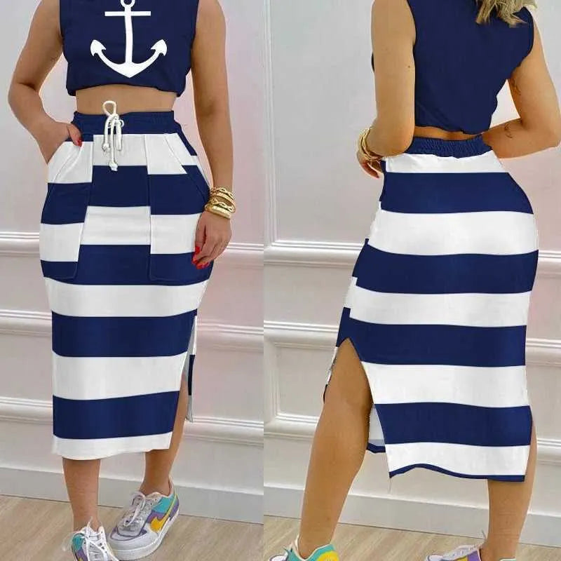 Womens Designer Clothes Casual Track Dresses 2023 New Printed Open Navel Tank Top Split Skirt Two Piece Set