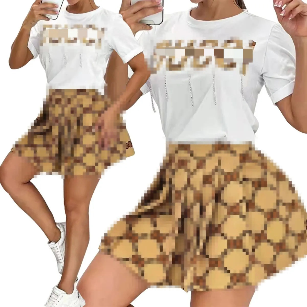 Designer Two Piece Dress Women Round Neck T-shirt and Mini Skirt Sets 2Pcs Outfits Free Ship