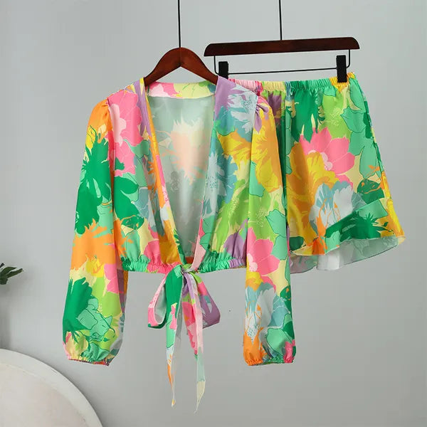 Womens Tracksuits Shorts Summer Suit Fashion Woman Blouses With Prints Two Piece Sets Long Sleeve Tops Female Flared Trouser Suits 230209