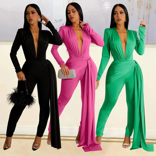 Women's Jumpsuits Rompers Elegant Ribbon Bodycon Jumpsuits Sexy Long Sleeve Lace Up Romper Club Party Summer Women Clothes Overalls Luxury 231202