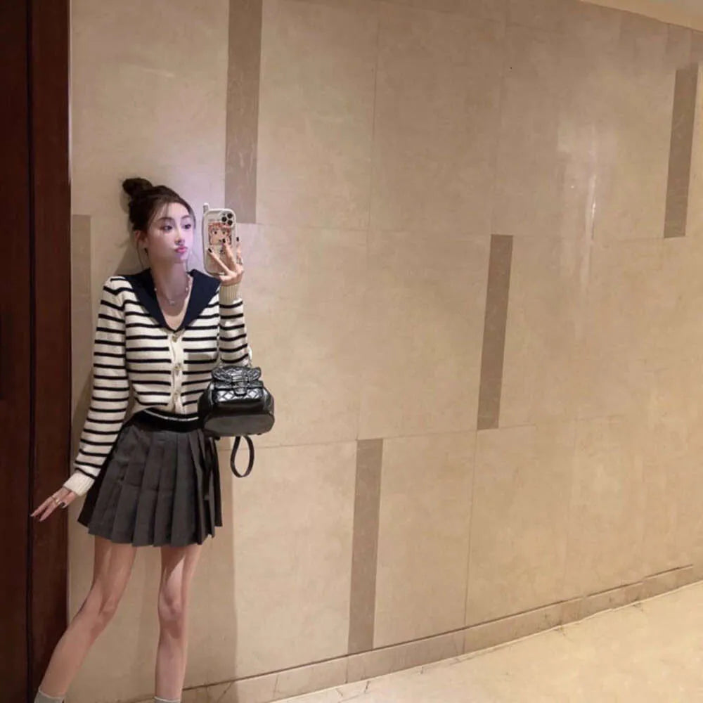 women skirt suit designer skirts suits womens fashion letter embroidery striped knit shirt casual pleated dress two-piece set two Color