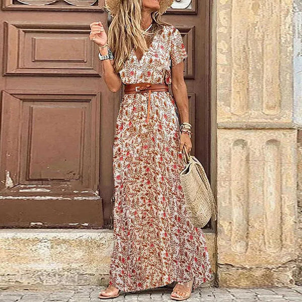 Women's Designer Summer Dress Fashion Bohemian V-neck Floral Elegant Beach Maxi Dresses For Woman Robes Vestidos Ladies Vacation Holidy Skirt