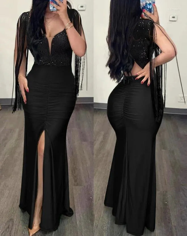 Casual Dresses Woman Sexy High Waist Evening Fashion Women's Clothes Rhinestone Cold Shoulder Slit Ruched Elegant Party Dress For Women