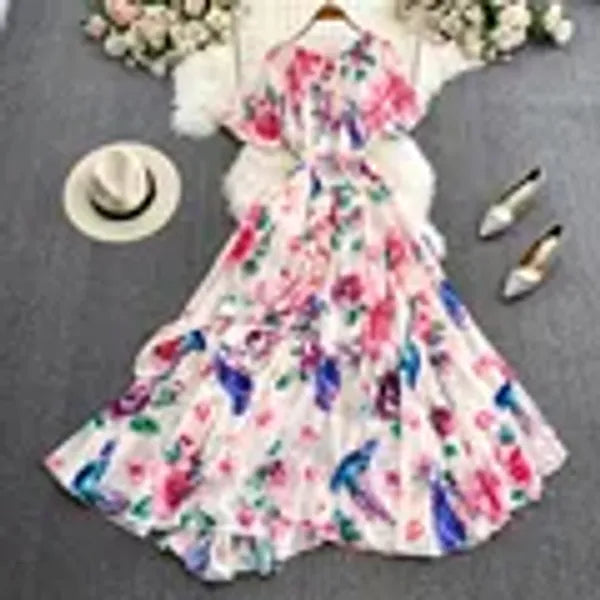 Casual Dresses Summer Bohemian Women Short Sleeve Sashes High Waist Oversize Chic Dress Fashion Floral Loose Pleated A Line Long Dress 2024