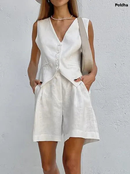 Women's Tracksuits Linen Waistcoat Shorts Sets Women Elegant Sleeveless Single Breasted Top Two Piece Set Womens 2023 Summer Lady Tank