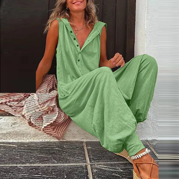 Women's Jumpsuits Rompers Beach Cross-pants Playsuit Fashion Loose Solid Sleeveless Hooded Romper Streetwear Vintage Button Jumpsuit Summer Women Causal 230720