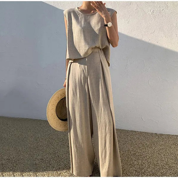 Women's Tracksuits Women Cotton Linen Suits Summer Sleeveless O-Neck Tank Top Wide Leg Pants Two Piece Sets Female Fashion Casual Solid Loose Suits 230504