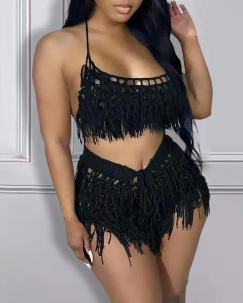 Women's Tracksuits Sexy Womens Two Piece Sets Outfit Spaghetti Strap Crop Crochet Top & Tassel Design Shorts Set Fashion 2023 Summer