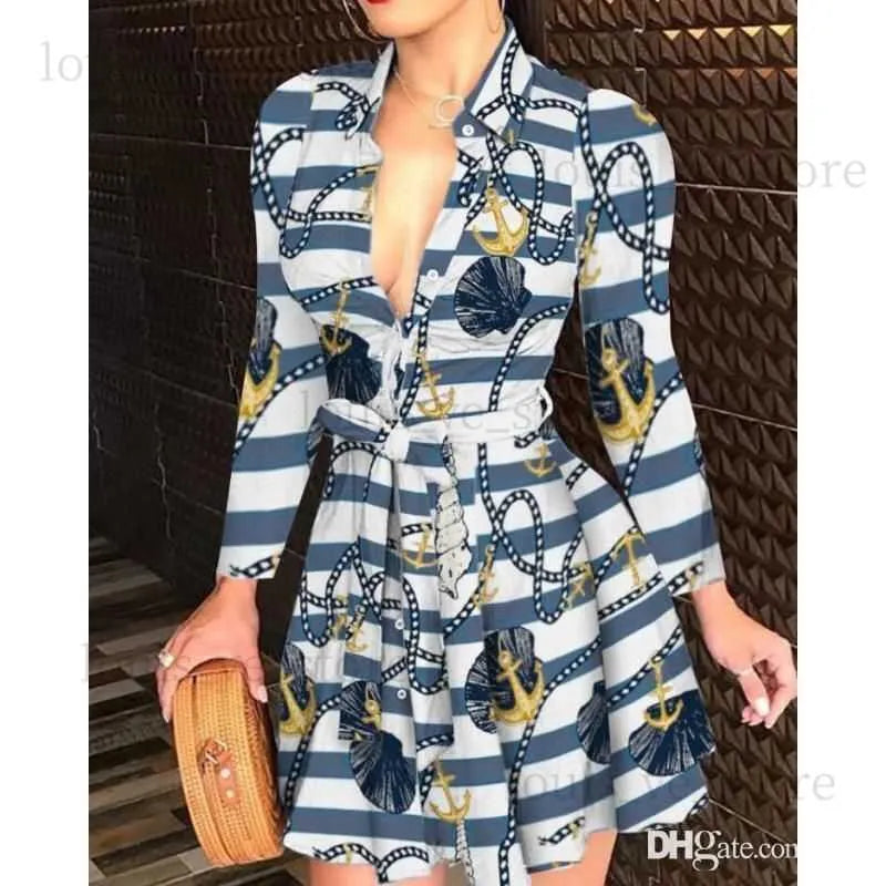 2023 Spring Casual Dresses Plus Size 3XL Women Lace Up Button Down Chain Printed Lapel Neck Party Dress Sexy Bandage Skirt 211 T230808