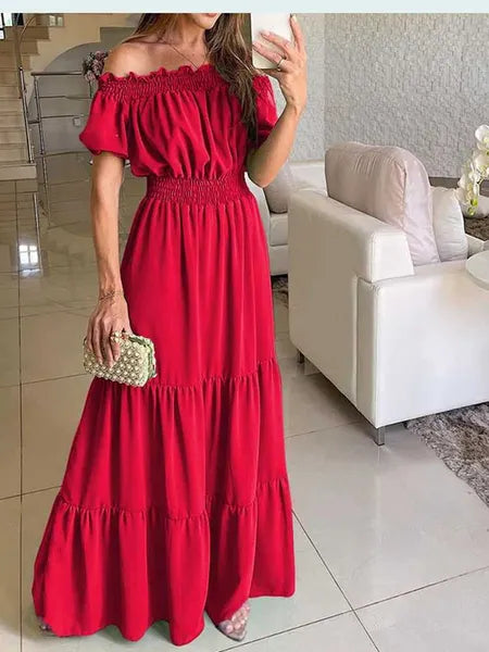 Basic Casual Dresses 2024 Summer Solid Boho Dress Women Fashion Elegant Beach Party Dress Casual Slash Neck Office Maxi Dresses For Woman Robe FemmeL2404