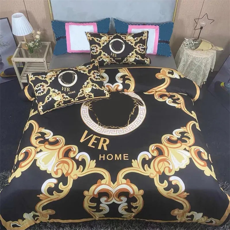 Brand Luxury Pattern Designer Bedding Sets 4pcs Set Golden Printed Twin Cotton High Quality Cover Bed Sheet Fashion Pillow Cases Cover