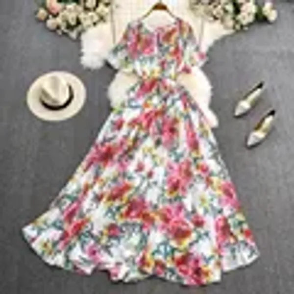 Casual Dresses Summer Bohemian Women Short Sleeve Sashes High Waist Oversize Chic Dress Fashion Floral Loose Pleated A Line Long Dress 2024