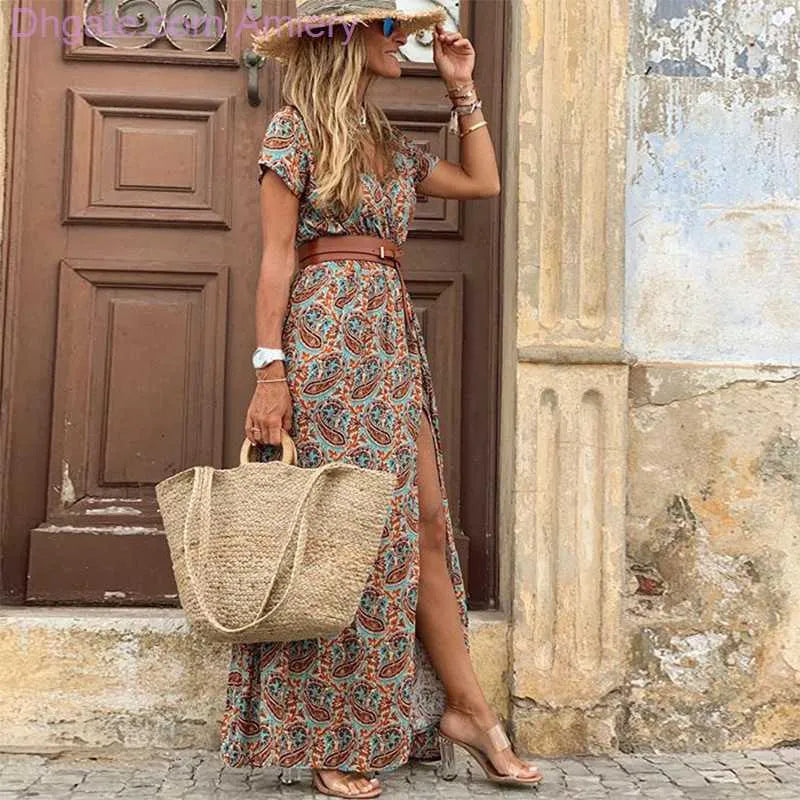 Women's Designer Summer Dress Fashion Bohemian V-neck Floral Elegant Beach Maxi Dresses For Woman Robes Vestidos Ladies Vacation Holidy Skirt