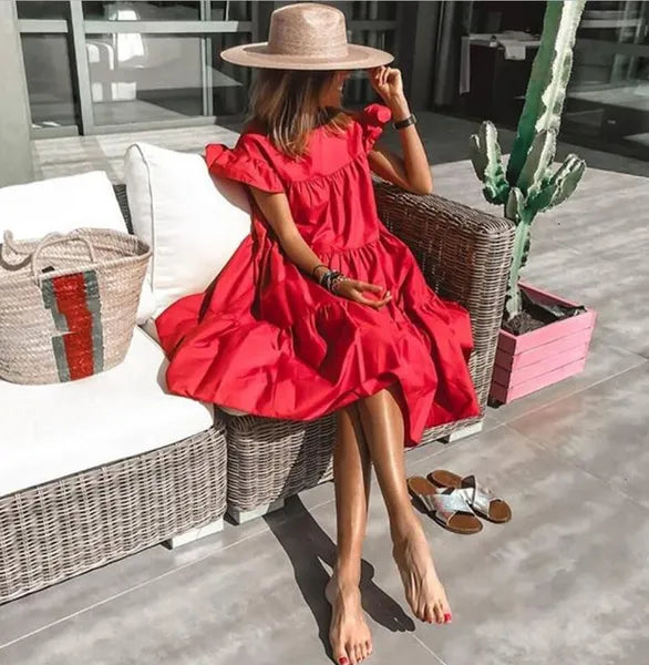 Plus Size Casual Women Dresse Ruff Sundress Elegant Party Beach Vintage Swing Midi Dress Summer Solid Bohemian Oversized Vestidos Clothes