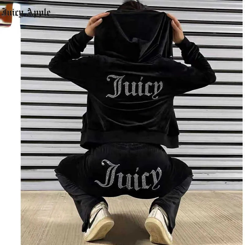 Juicy Apple Women's Tracksuits Velvet Sewing Suits Outfit Two Piece Jogging Set Velour Sweatshirt Met Hoodie Pants Suit Womens Y2k