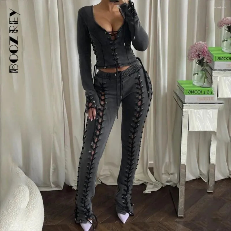 Women's Pants BoozRey Y2k Women Streetwear Low Waist Pant 90s Vintage Clothes Skinny Slim Sexy Lace Up Hollow Out Straight Trousers