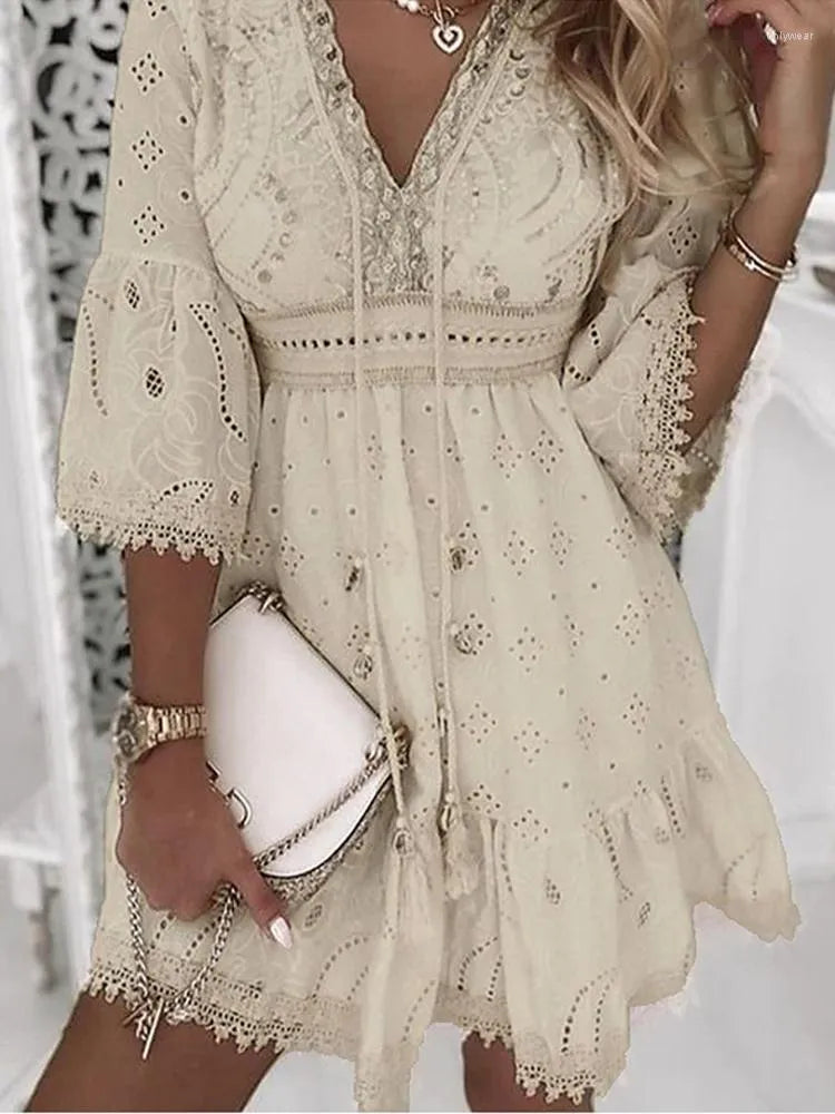 Casual Dresses White Lace Dress Women V Neck Up Female Patchwork Three Quarter Sleeve Vacation Beach Ladies A-line Party