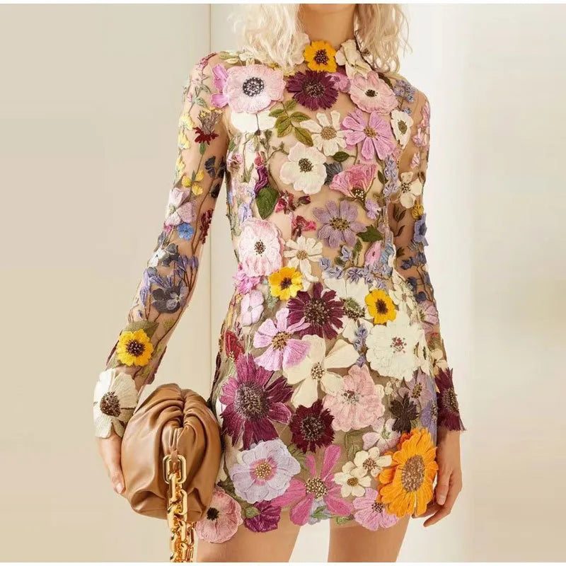 Basic Casual Dresses Floral Embroidery Long Sleeve Dresses Spring Evening Party Lady Vestido Elegant Luxury Women Mini Dress Half High Collar 230615