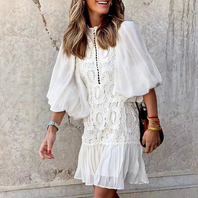 Basic Casual Dresses Women Clothing Lace V Neck Short Sleeve Wrap Hip Dress Fashion Embroidered Button Party Dress White Beach Mini Dresses Vestidos 230519