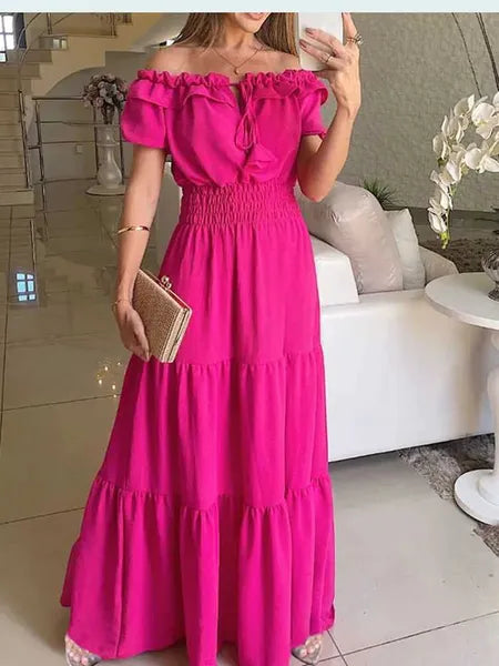 Basic Casual Dresses 2024 Summer Solid Boho Dress Women Fashion Elegant Beach Party Dress Casual Slash Neck Office Maxi Dresses For Woman Robe FemmeL2404