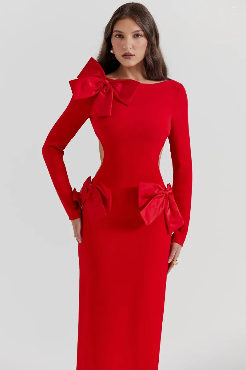 Casual Dresses Christmas Red Bow Backless Gown Dress Long Sleeve High Split Side Cut Out 2023 Ladies Party Festival Evening Robes