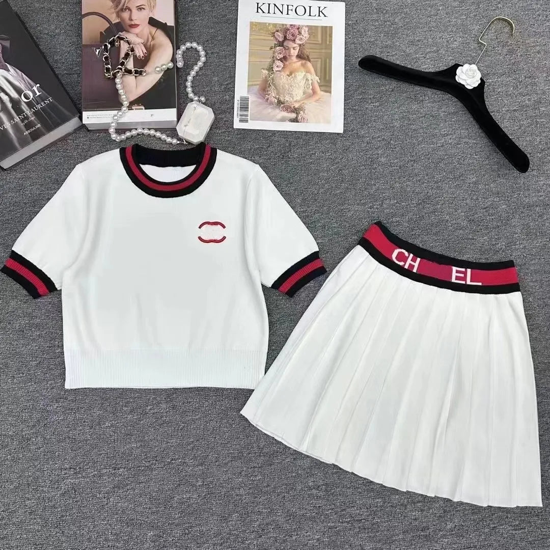 2024 designer summer new letter embroidery round neck short sleeve high quality knitwear + elastic waist pleated skirt two-piece set for women