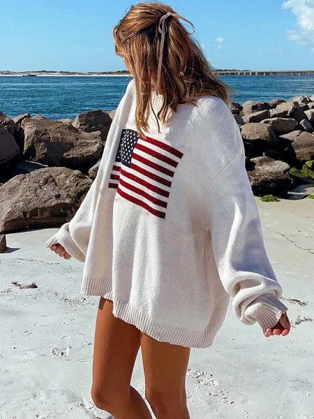 Women's Sweaters Y2K Women Winter Vintage Ladies Luxury American Flag Knit Sweater Aesthetics Long Sleeve Oversize Pullover Tops Clothes 230907