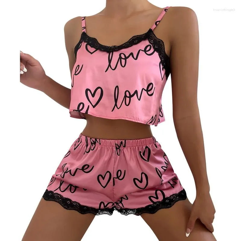 Women's Sleepwear Two Pieces Set Women'S Pajama Shorts Suit Print Underwear Pijama Sexy Lingerie Camisoles Tanks Nighty Ladies