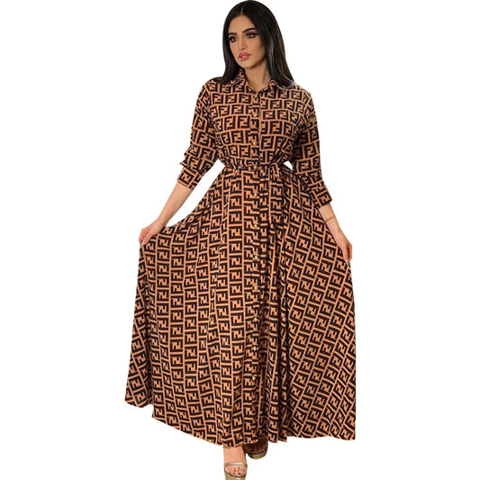 Designer Women's Casual Dresses Fashion French Elegant for Women Summer Retro Print Muslim Dubai Abaya Lapel Single-breasted Long Sleeve Shirt DressI25P