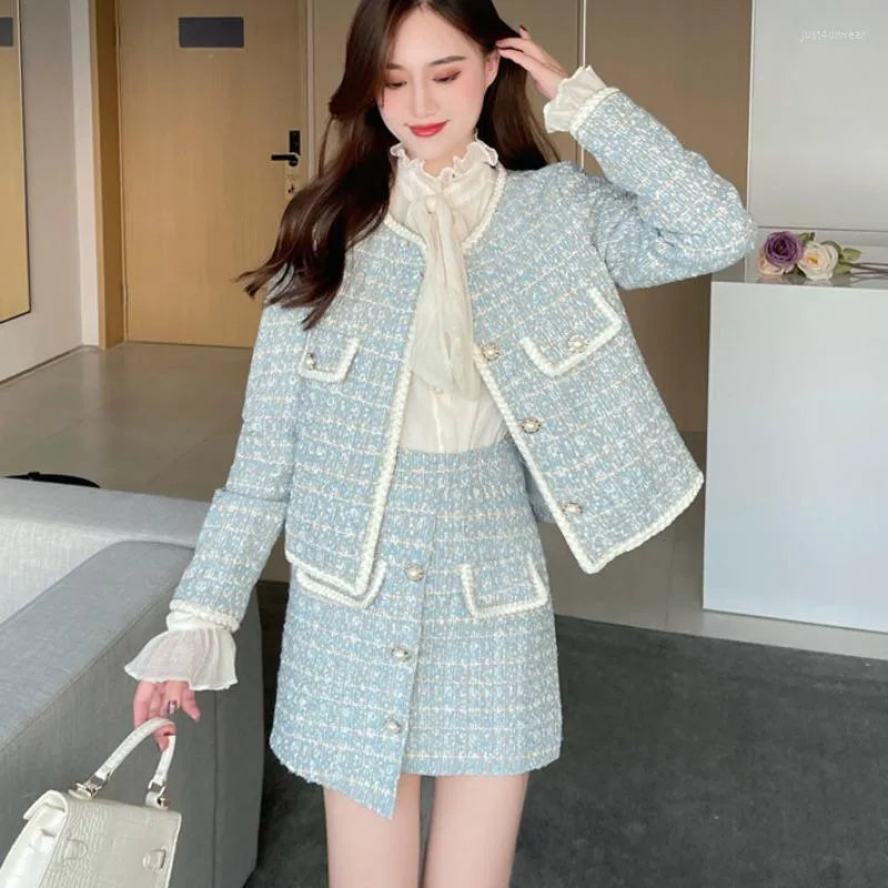 Small Fragrance Tweed Two Piece Set Women Crop Top Short Jacket Coat & Irregular Skirt Suits Autumn Winter Vintage 2 Piece Sets