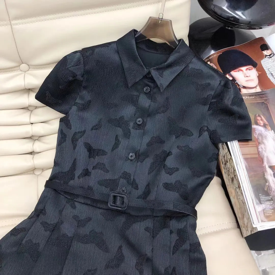 2024 Black/White Spring Short Sleeves Lapel Neck Buttons Print Belt Women Dress Designer High End Womens Runway Dress 31409