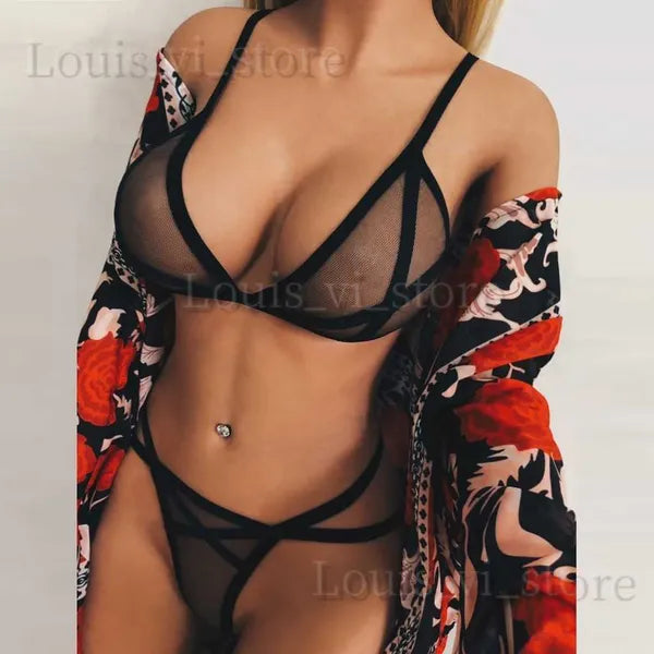 Bras Sets Hot WomenS Seductive Lingerie Two-Piece Set Women Sexy Lingerie Corset Solid Mesh Underwire Sleepwear Underwear Set T240221