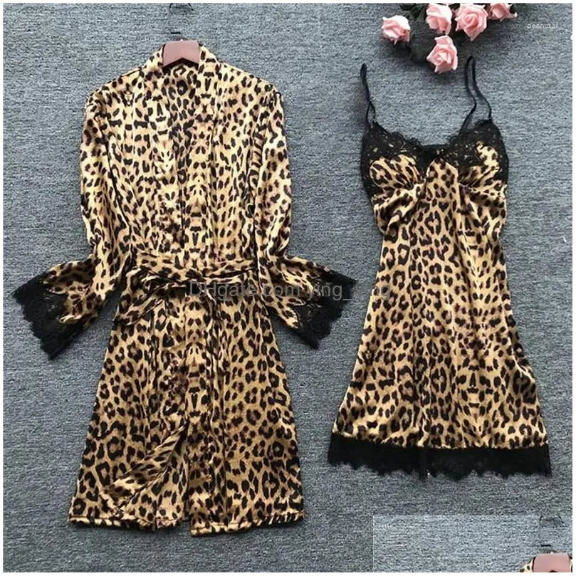 Women'S Sleepwear Womens Leopard Print Sexy Women Pajamas Sets Satin Pijama Silk Home Wear Embroidery Sleep Lounge Pyjama Nightwear Dhru3