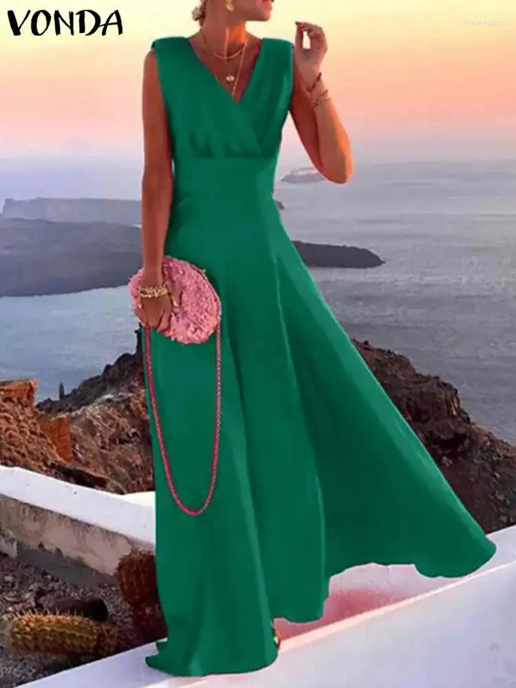 Casual Dresses Summer VONDA Oversized Women Maxi Long Dress 2024 Sexy Deep V-Neck Solid Color Sundress Sleeveless Satin Robe