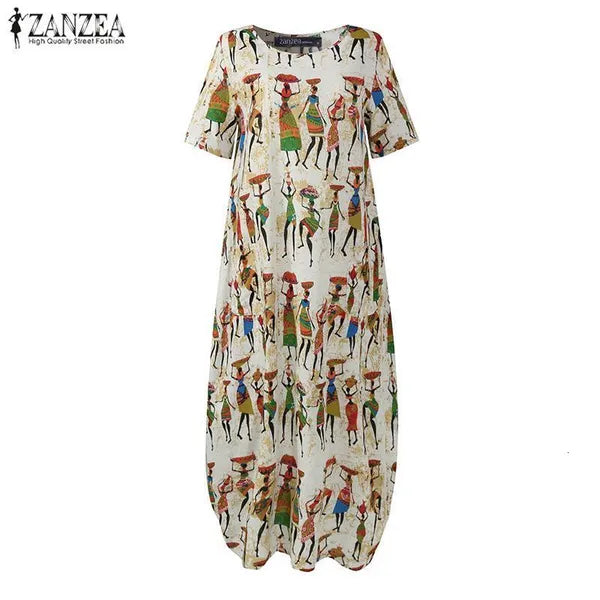 Basic Casual Dresses Women's Summer Sundress ZANZEA Stylish Cartoon Print Maxi Dress Casual Short Sleeve Tunic Vestidos Female O Neck Robe Oversize 230608